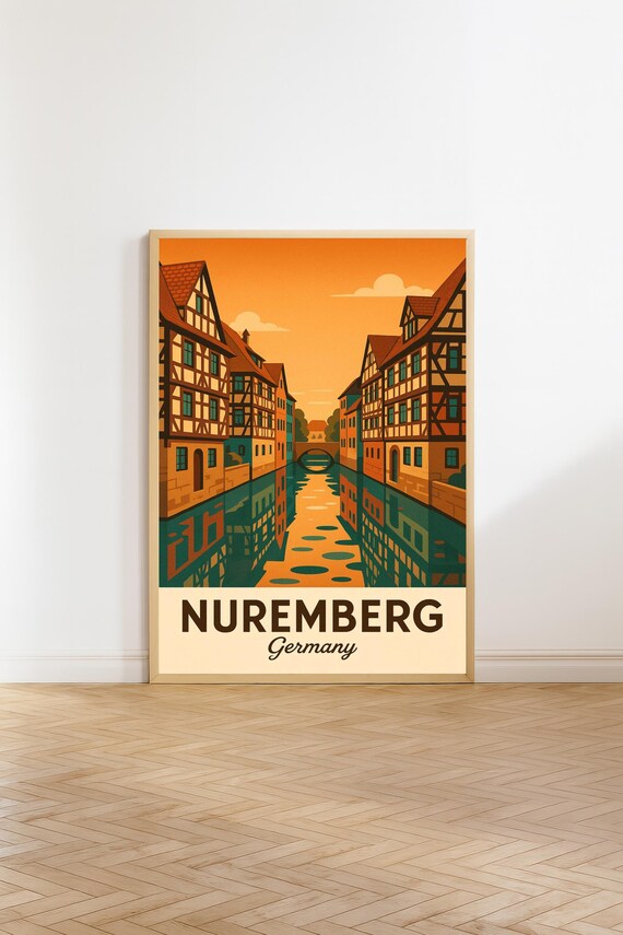 Nuremberg Germany Half Timbered Canal Sunset Old Town Travel Poster