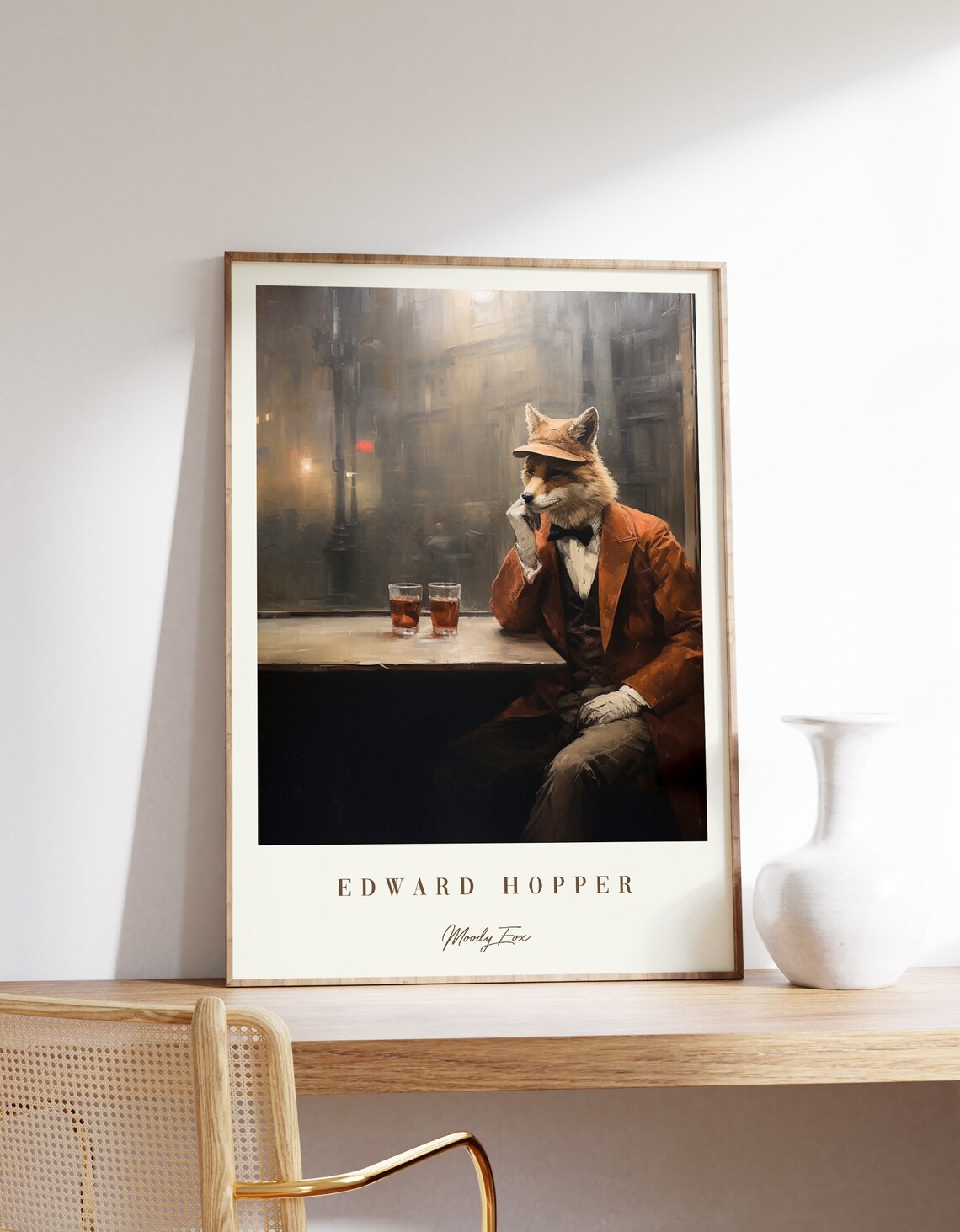 Edward Hopper Moody Fox Gentleman Bar Dapper Animal Portrait Art Poster