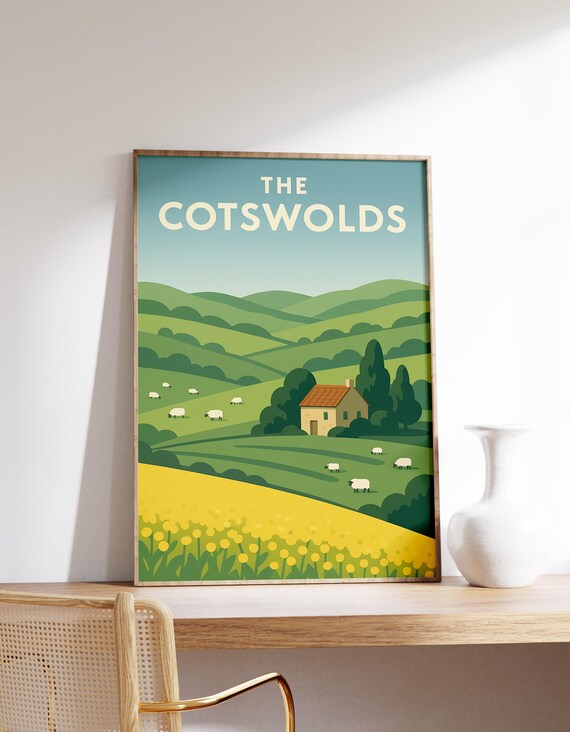 The Cotswolds England Travel Poster Green Hills Sheep Cottage Wall Decor