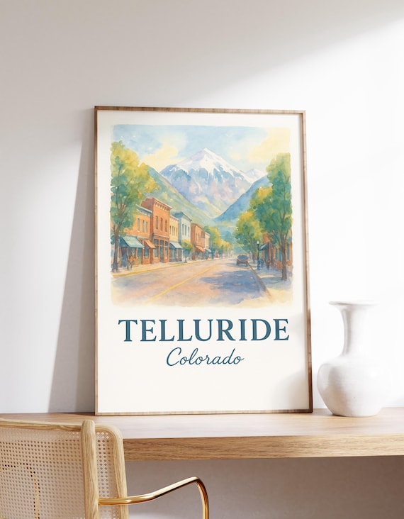 Telluride Colorado Mountain Town Watercolor Ski Travel Poster
