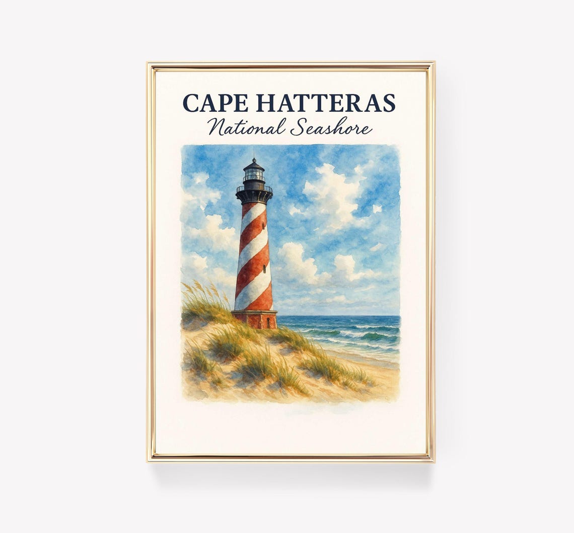 Cape Hatteras Lighthouse National Seashore Watercolor Travel Poster