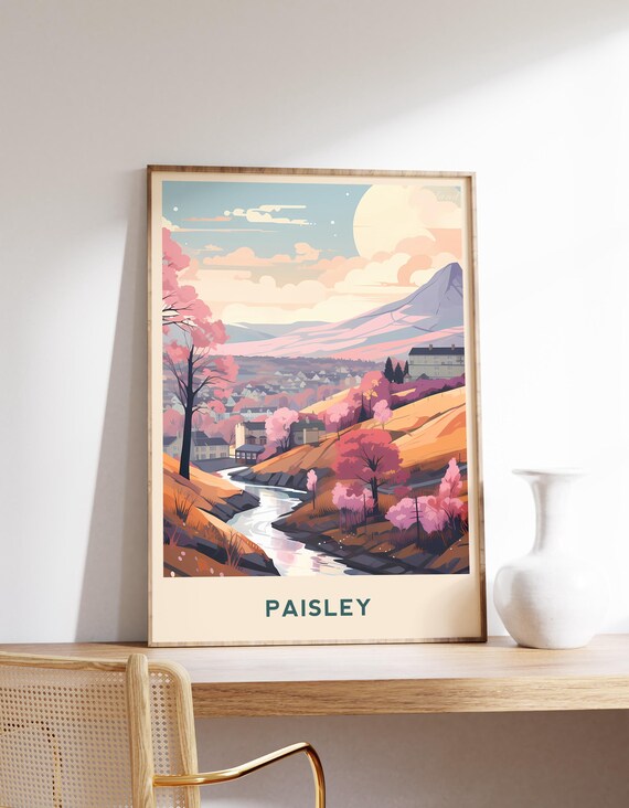 Paisley Scotland Pink Blossom Valley River Sunset Travel Poster
