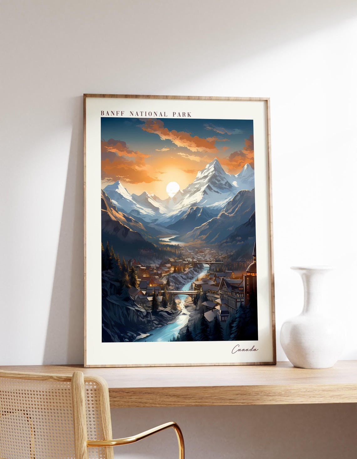 Banff National Park Canada Snowy Peaks Sunset Travel Poster Art