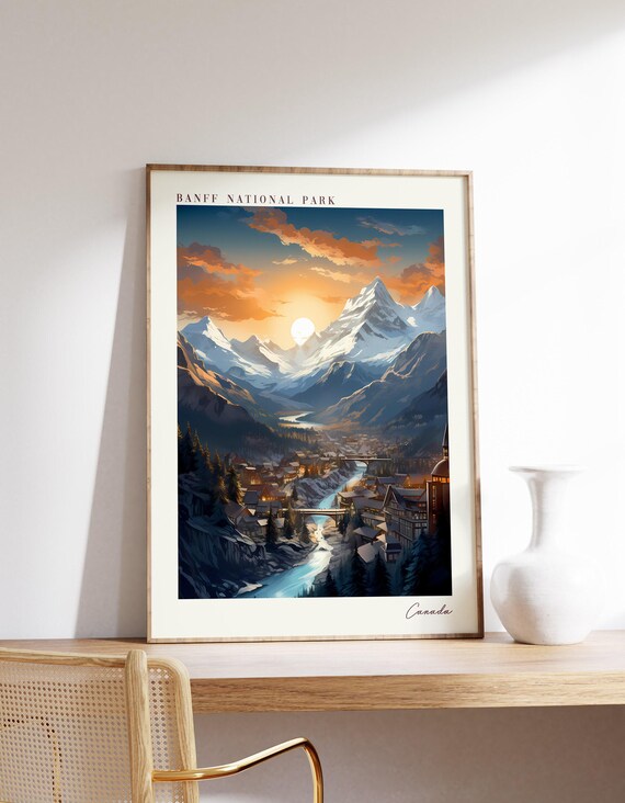 Banff National Park Canada Snowy Peaks Sunset Travel Poster Art