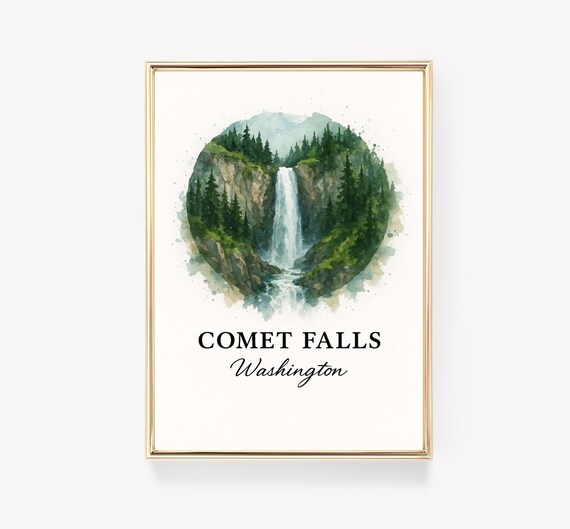 Comet Falls Washington Watercolor Waterfall Nature Travel Poster