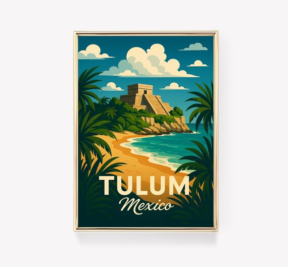 Tulum Mexico Mayan Pyramid Beach Palm Trees Retro Vintage Travel Poster