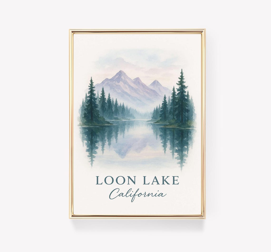 Loon Lake California Mountain Reflection Watercolor Travel Poster