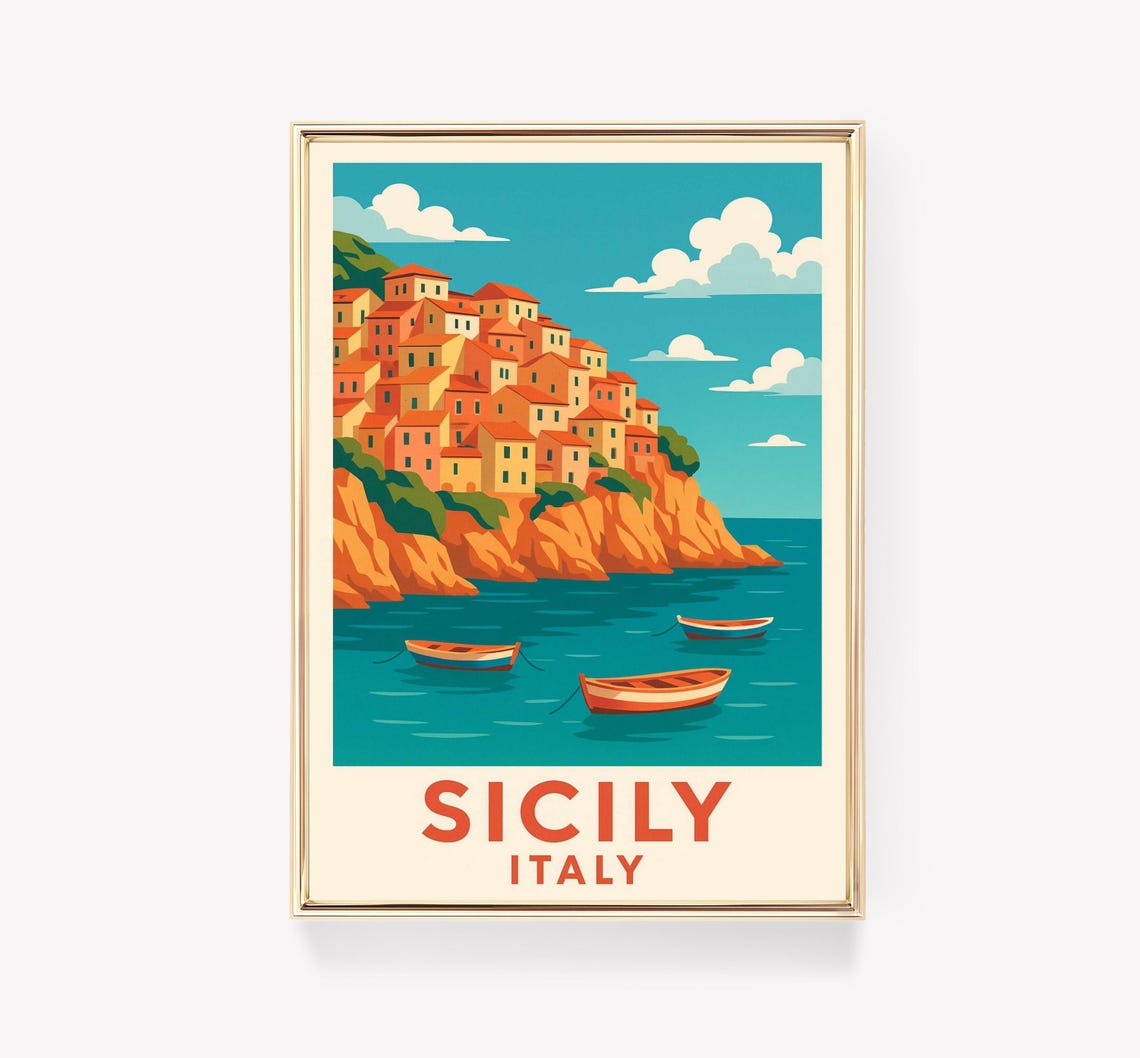 Sicily Italy Cliffside Village Boats Retro Seaside Travel Poster