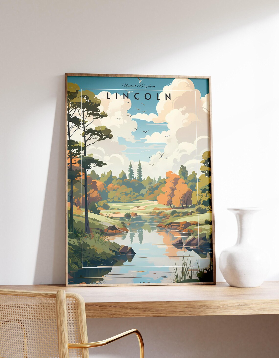Lincoln United Kingdom Autumn Forest Pond Scenic Travel Poster