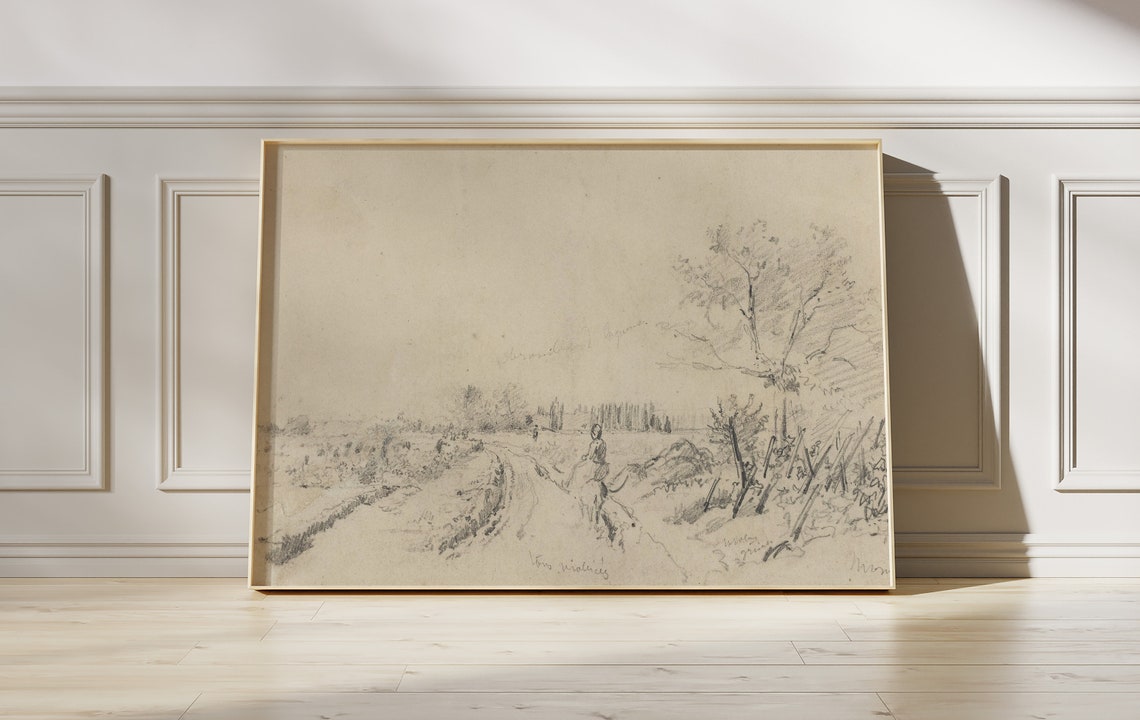 Vintage Pencil Sketch of a Quiet Countryside Road and Trees Poster