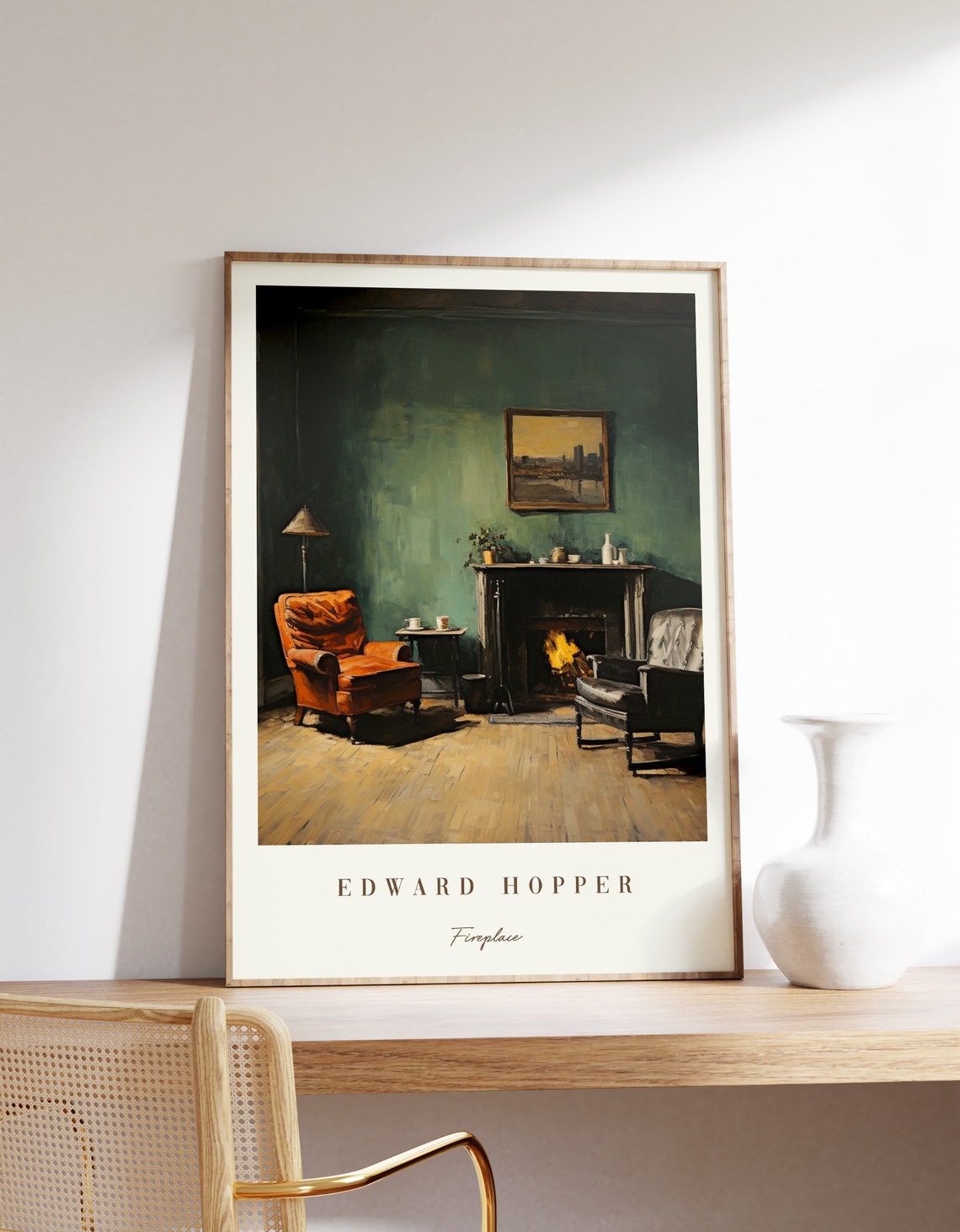 Edward Hopper Style Cozy Fireplace Reading Room Vintage Art Print