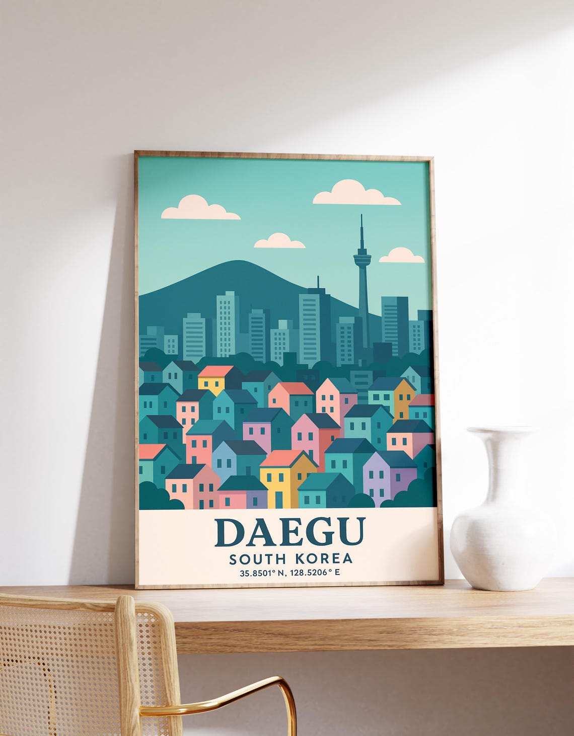 Daegu South Korea Pastel Hillside Houses City Travel View Poster