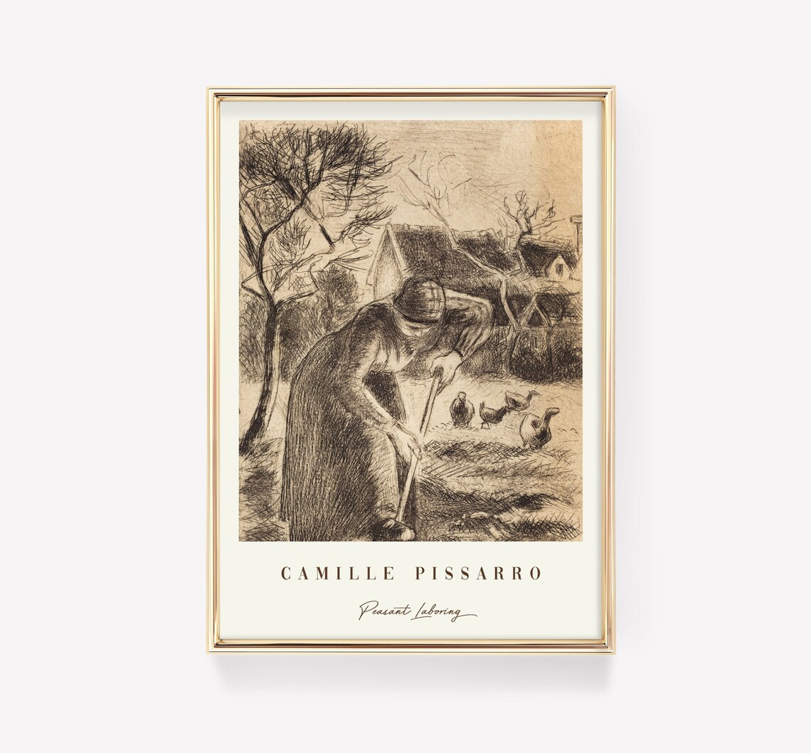 Camille Pissarro Peasant Laboring Vintage Farm Worker Ink Drawing Poster