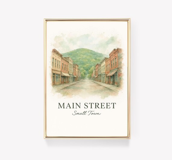 Main Street Small Town Americana Watercolor Storefront Travel Poster