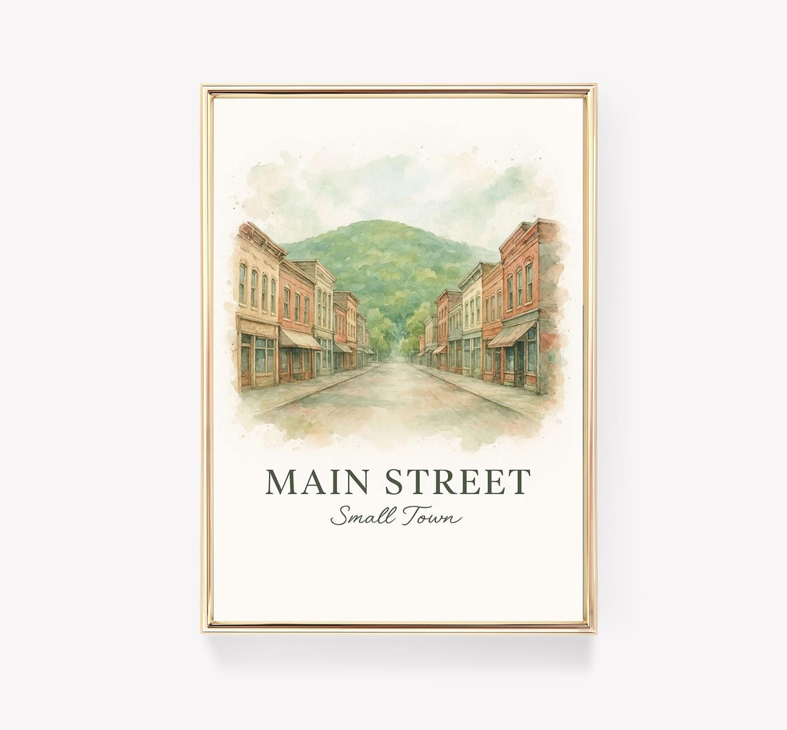 Main Street Small Town Americana Watercolor Storefront Travel Poster
