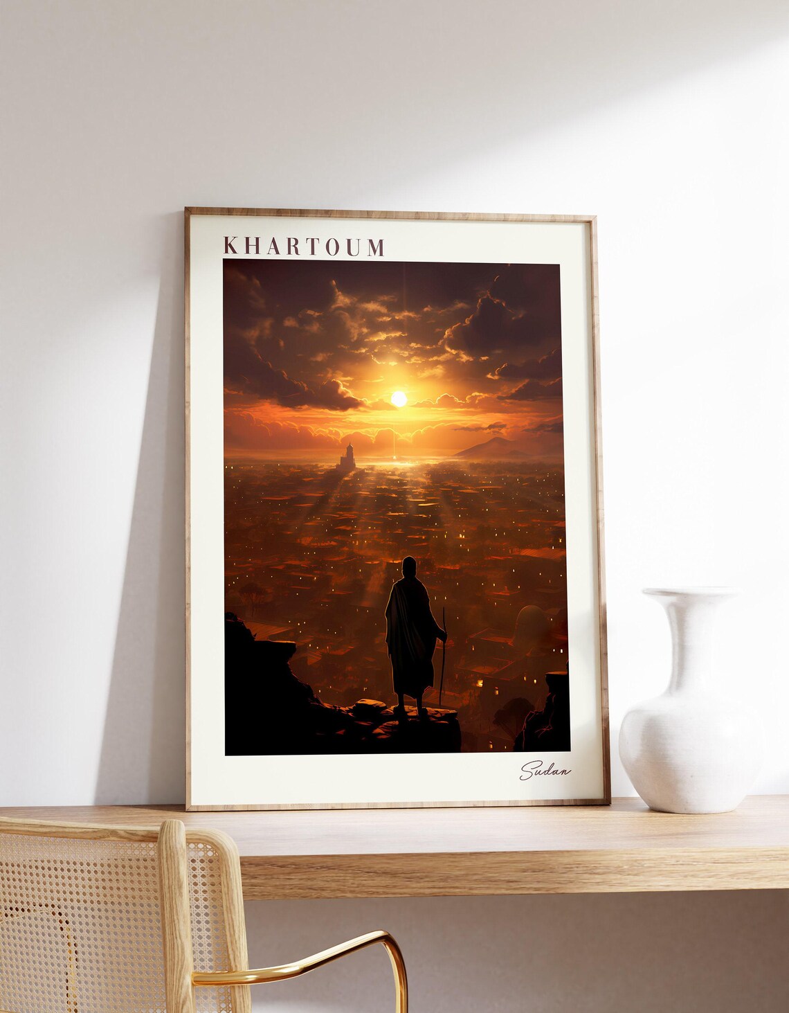 Khartoum Sudan Dramatic Sunset Skyline Silhouette Vintage Travel Poster