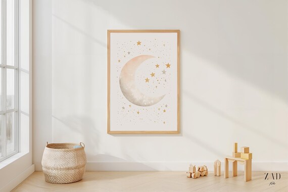 Boho Moon And Stars Art Minimalist Kids Room Decor Neutral Nursery Wall Celestial Baby Print