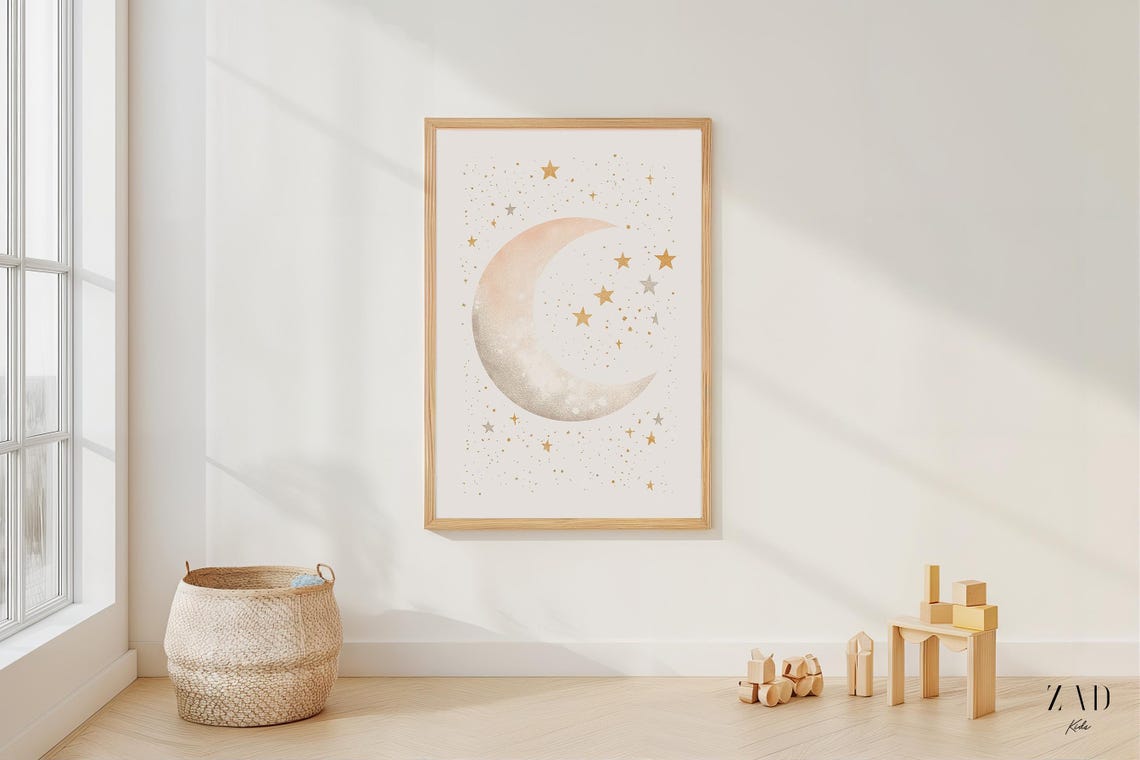 Boho Crescent Moon Stars Watercolor Neutral Celestial Nursery Poster