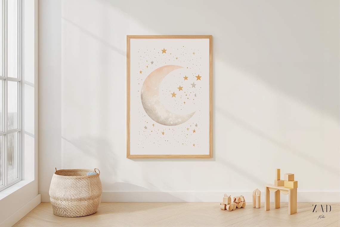 Boho Moon And Stars Art Minimalist Kids Room Decor Neutral Nursery Wall Celestial Baby Print