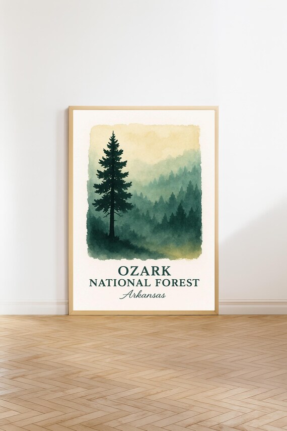 Ozark National Forest Arkansas Pine Trees Watercolor Travel Poster