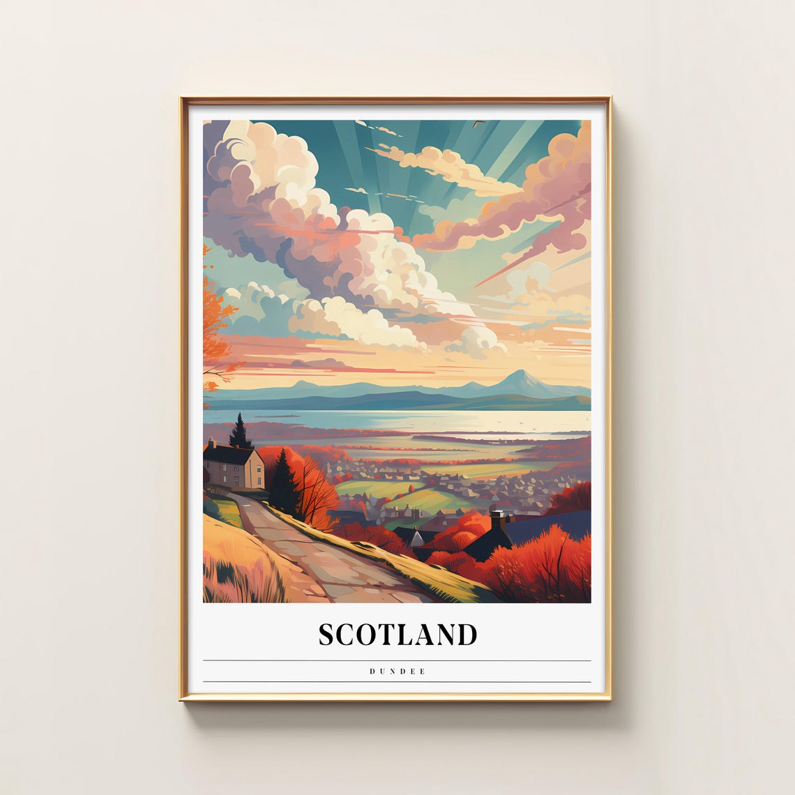 Dundee Scotland Autumn Sunset Landscape Vintage Travel Poster