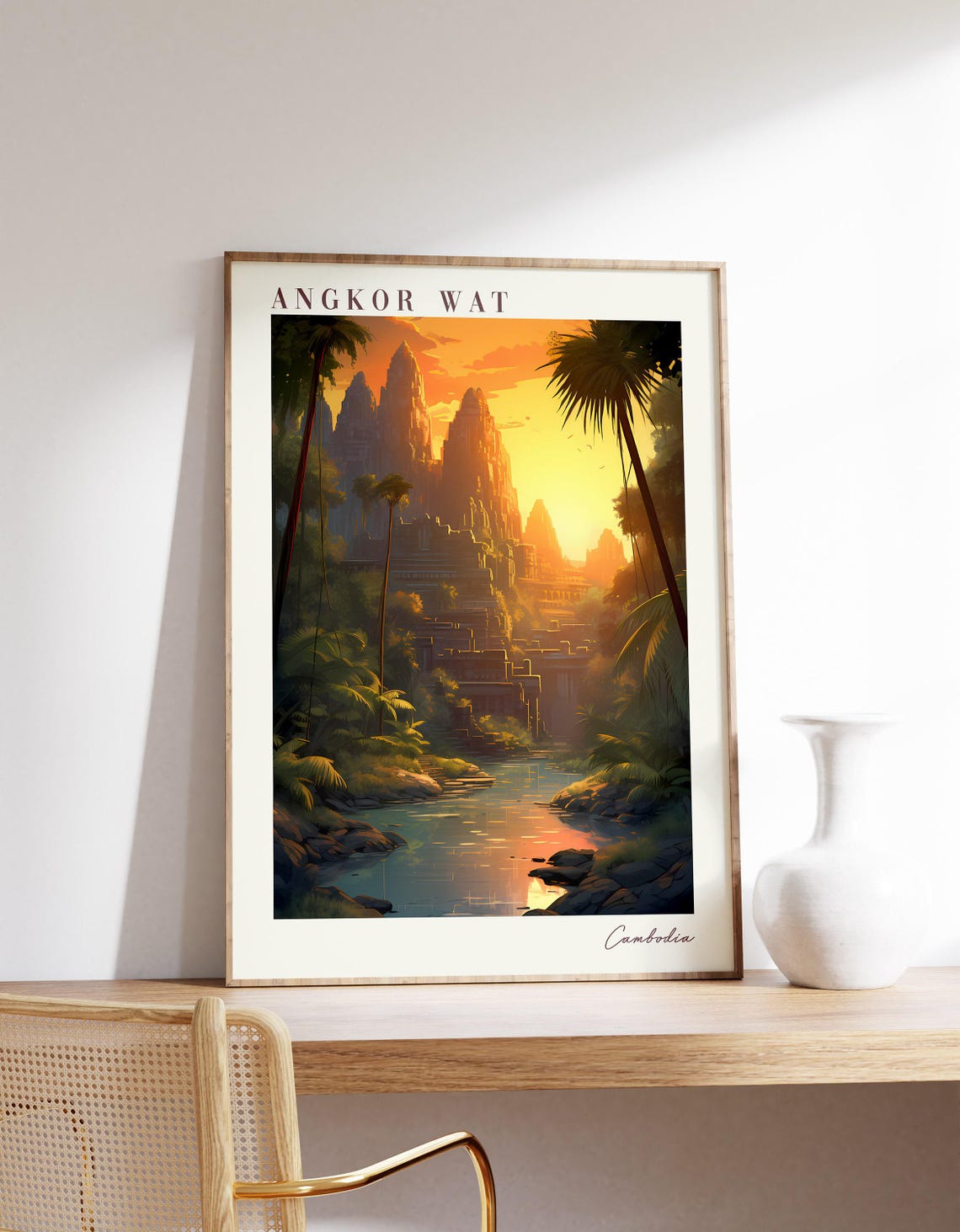 Angkor Wat Cambodia Sunset Temple Ancient Ruins Travel Poster