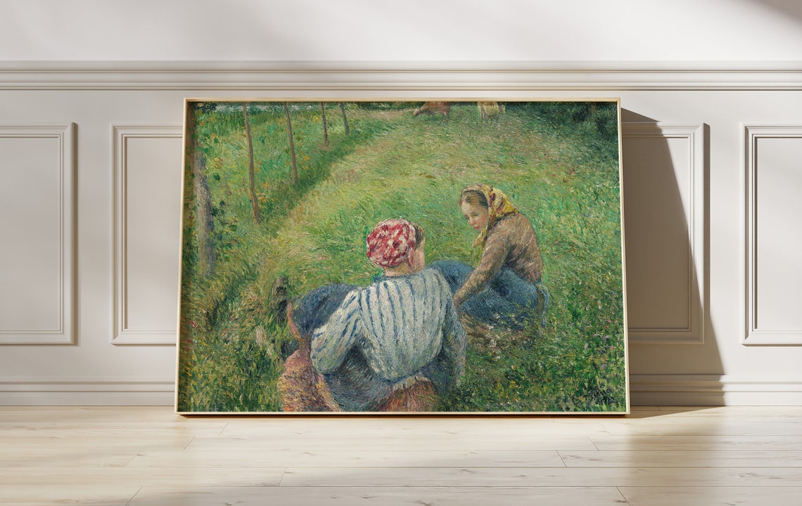 Camille Pissarro Young Peasant Girls Resting In The Fields Near Pontoise 1882 Vintage Poster Green Painting Woman Print Wall Art
