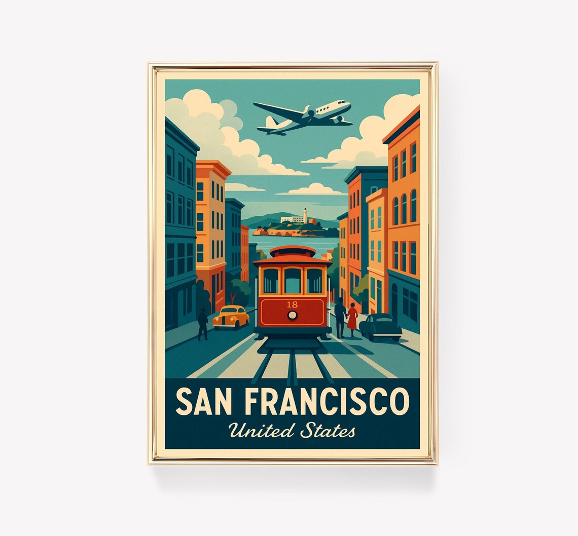 San Francisco Cable Car Street Alcatraz Bay Vintage Travel Poster