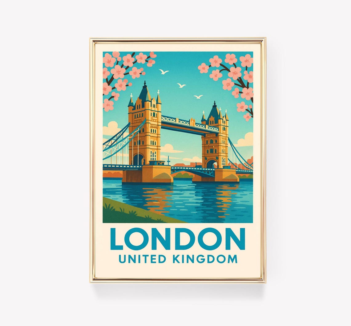 London Tower Bridge Vintage Travel Poster Cherry Blossom Spring