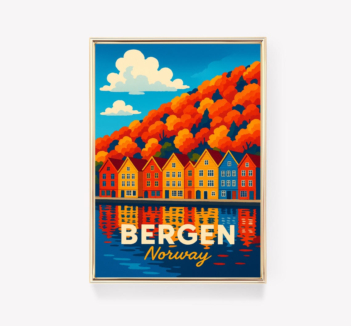 Bergen Norway Bryggen Wharf Autumn Harbor Retro Travel Poster