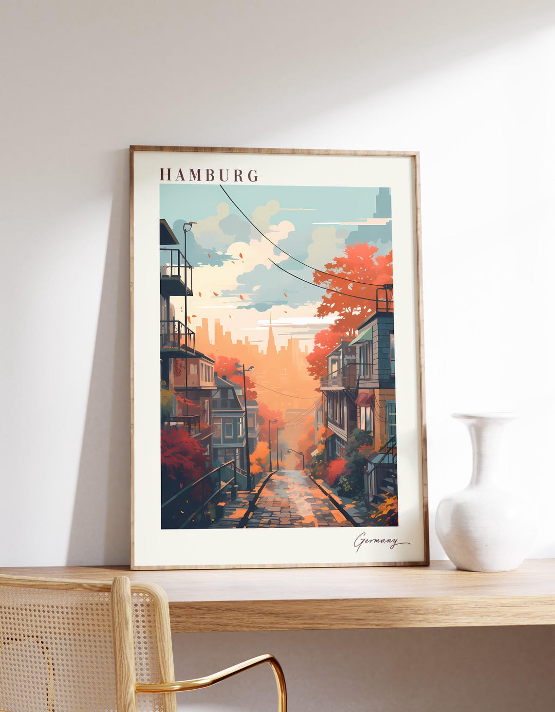 Hamburg Germany Autumn Street Travel Poster Retro Illustration