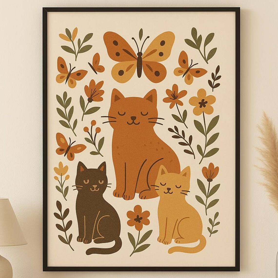 Folk Art Cat, Vintage Boho Botanical Poster