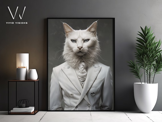 White Cat Portrait White Double Breasted Suit Elegant Minimal Poster