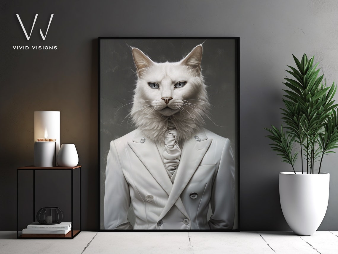 White Cat Portrait White Double Breasted Suit Elegant Minimal Poster