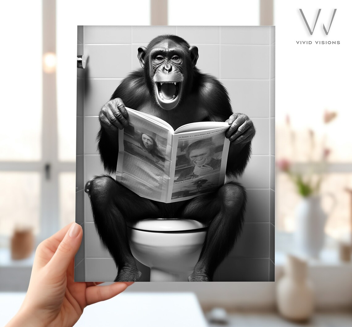Monkey Sitting On The Toilet Reading, Rustic Bath Art Print - Image 4