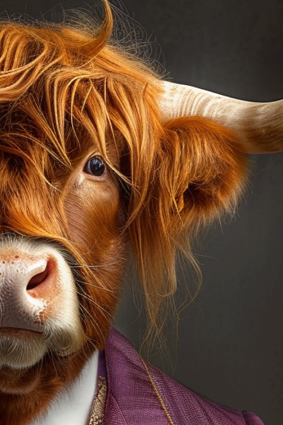 Dapper Highland Cow In Purple Suit Art Print - Image 2