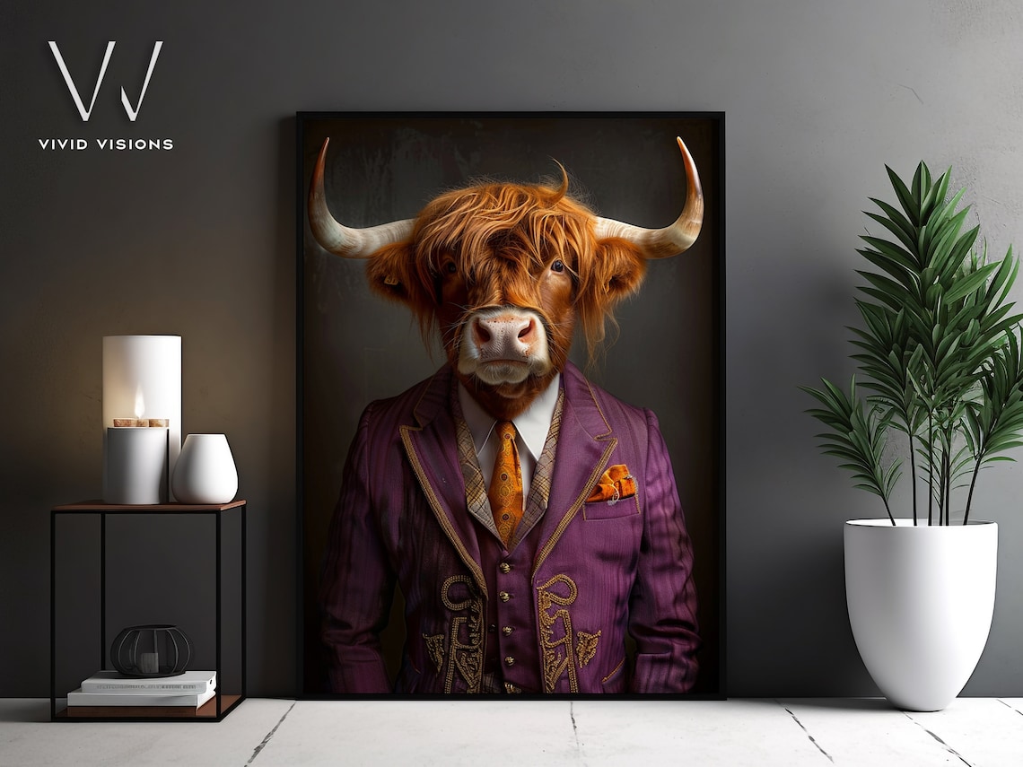 Dapper Highland Cow In Purple Suit Art Print