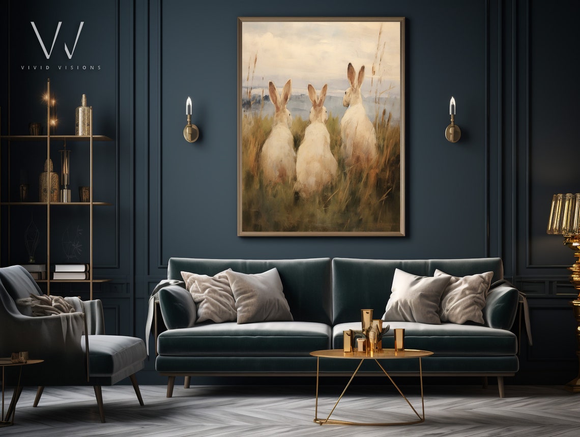 Three White Hares Gazing over the Meadow Vintage Rabbit Poster - Image 3