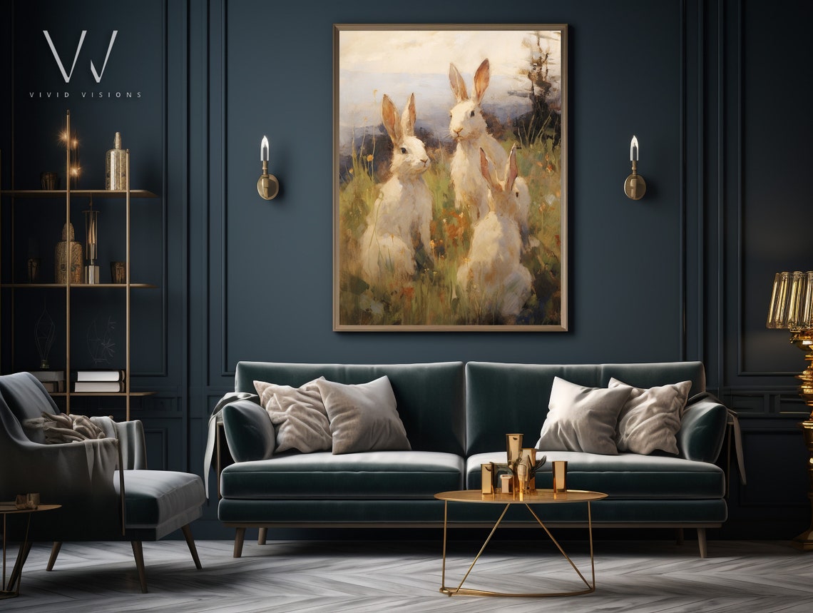 Three White Hares in the Meadow Vintage Spring Rabbit Poster - Image 3