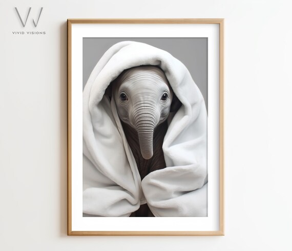 Sweet Baby Elephant Wrapped in Cozy White Towel Nursery Poster