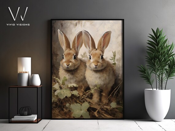 Two Bunnies in Clover Vintage Rabbit Pair Painting Easter Poster