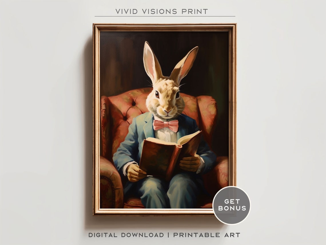 Gentleman Rabbit Reading Book Bow Tie Vintage Aristocrat Poster