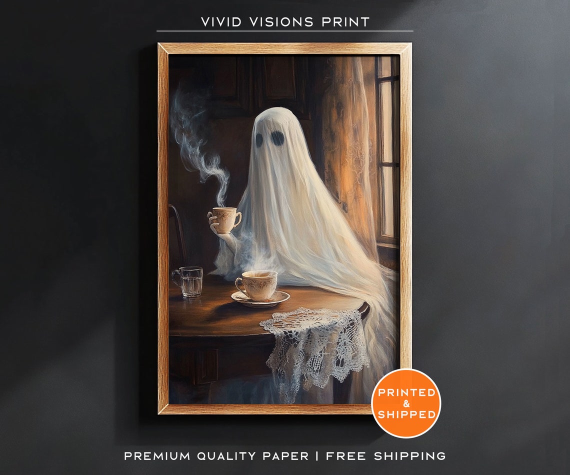 Ghost Sipping Hot Tea By The Window Poster Cozy Vintage Halloween Art