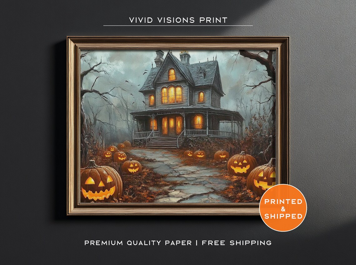 Misty Haunted House with Glowing Windows and Pumpkins Halloween Poster