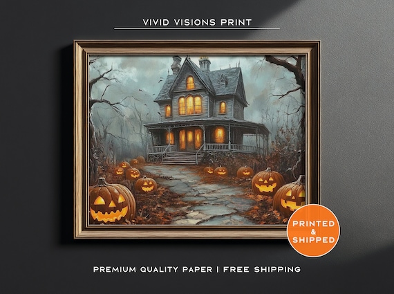 Misty Haunted House with Glowing Windows and Pumpkins Halloween Poster