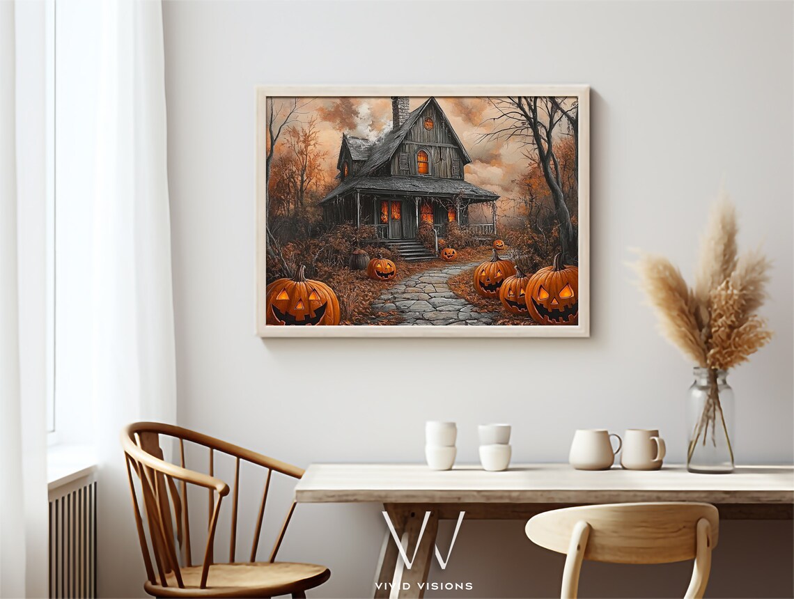 Haunted House with Glowing Jack O Lanterns Spooky Halloween Night Poster - Image 3