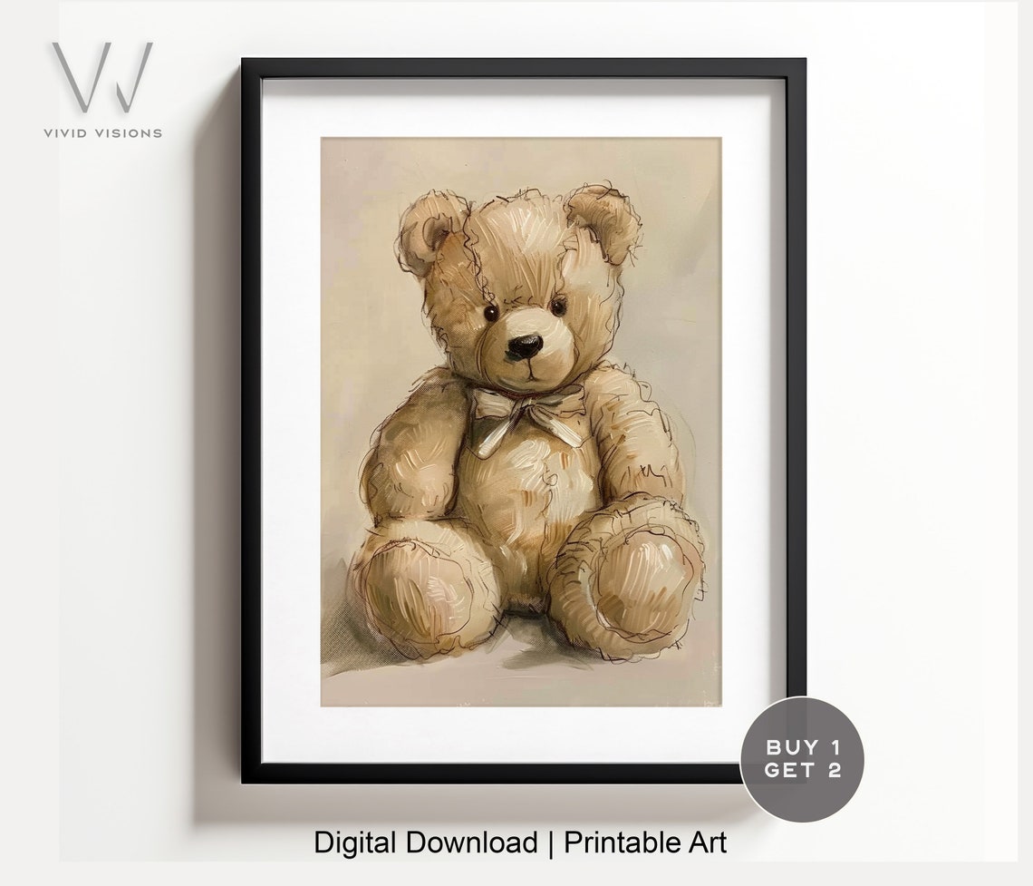 Vintage Teddy Bear Plush Sketch Cute Toy Nursery Decor Poster