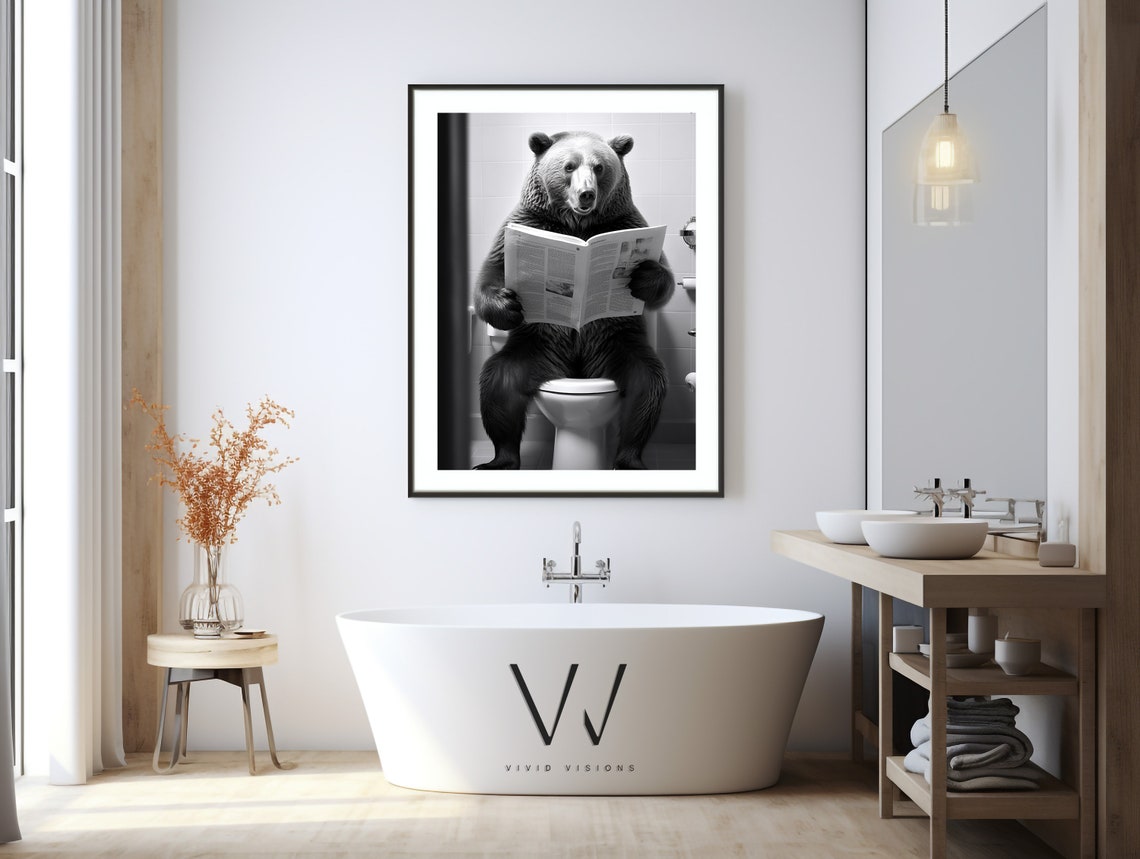 Funny Brown Bear Sitting on Toilet Reading Newspaper Bathroom Poster - Image 3