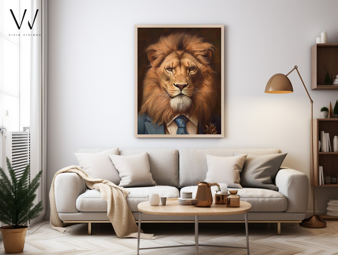 Lion in Blue Suit Dapper Gentleman Animal Portrait Art Poster - Image 3