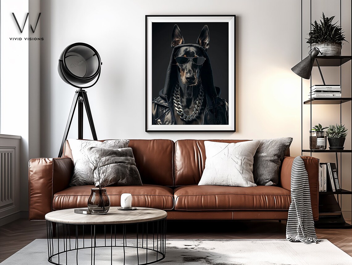 Doberman in Hood Leather Jacket Chain Sunglasses Hip Hop Pet Poster - Image 4